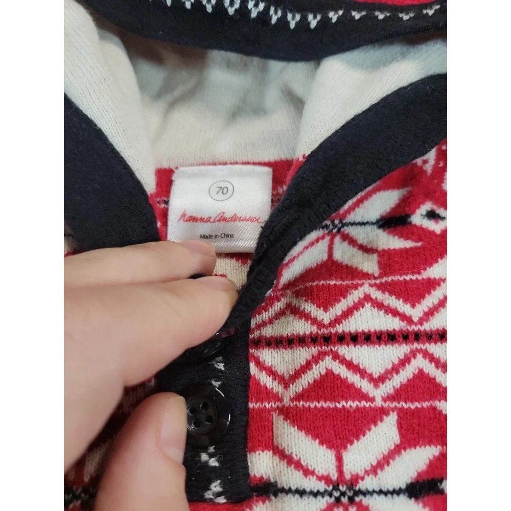 Hanna Andersson Baby Fair Isle Hooded Romper Red Knit One Piece Size 70 6–12M